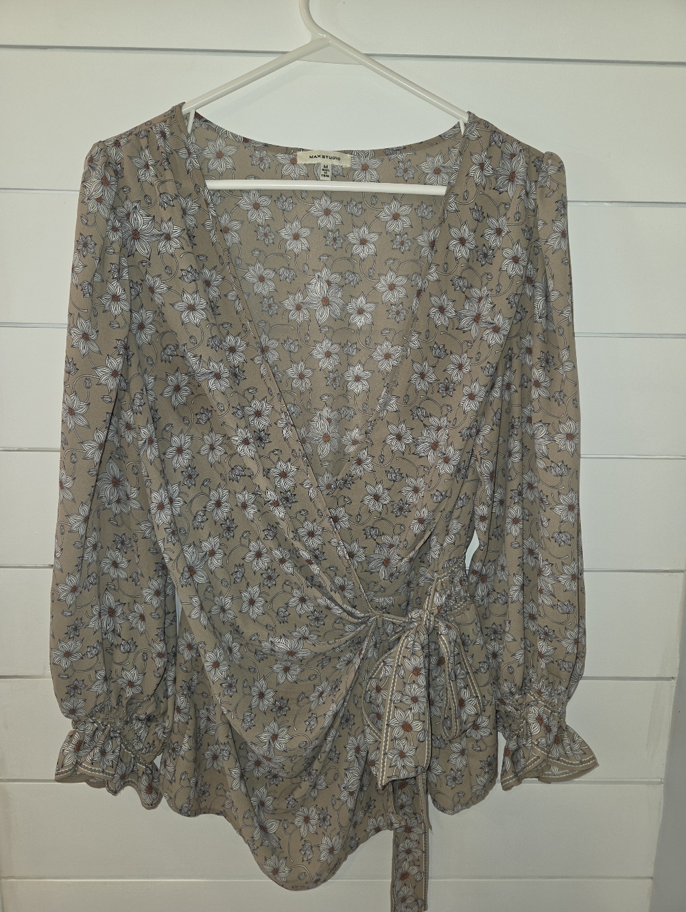 Max Studio Beige Floral Wrap Blouse with Tie
